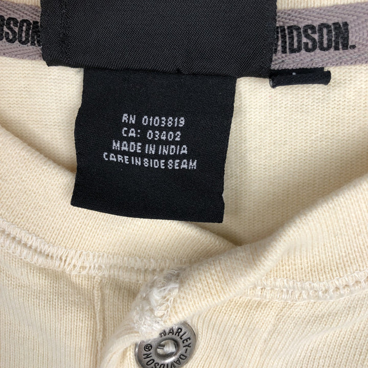 Harley-Davidson Fire Pattern Henley Neck Long-Sleeve T-Shirt (Men's Size L) cotton Beige type Vintage Second Hand