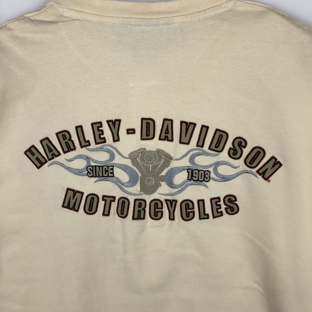 Harley-Davidson Fire Pattern Henley Neck Long-Sleeve T-Shirt (Men's Size L) cotton Beige type Vintage Second Hand