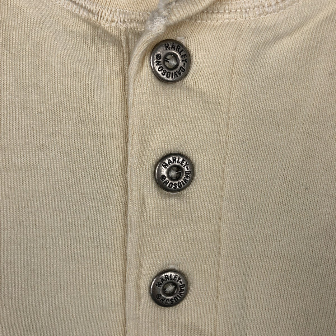 Harley-Davidson Fire Pattern Henley Neck Long-Sleeve T-Shirt (Men's Size L) cotton Beige type Vintage Second Hand