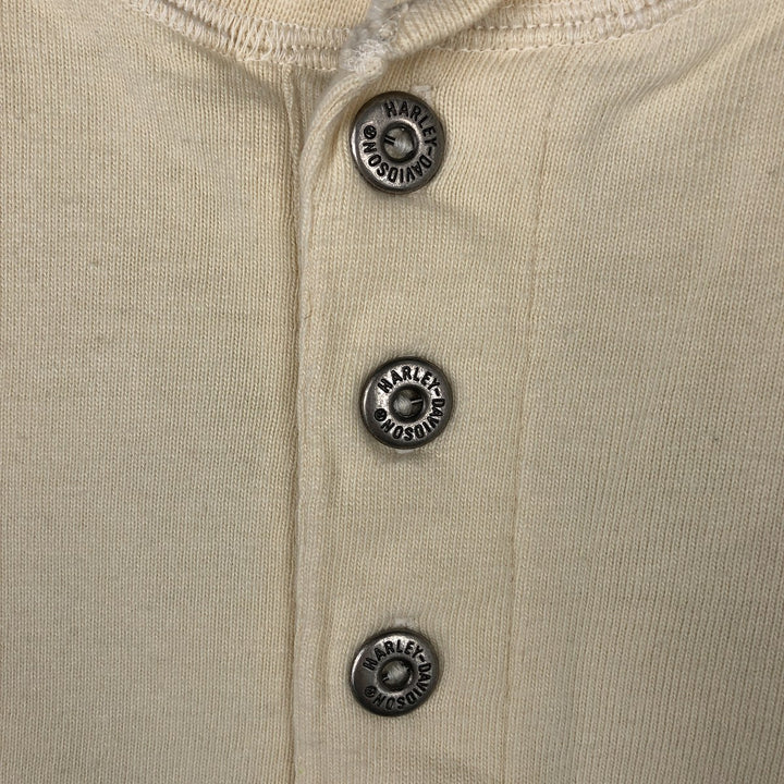 Harley-Davidson Fire Pattern Henley Neck Long-Sleeve T-Shirt (Men's Size L) cotton Beige type Vintage Second Hand