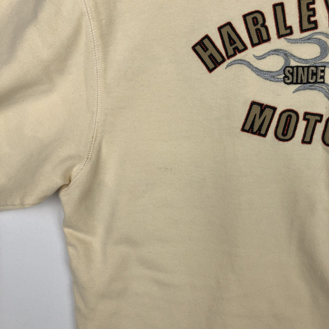Harley-Davidson Fire Pattern Henley Neck Long-Sleeve T-Shirt (Men's Size L) cotton Beige type Vintage Second Hand