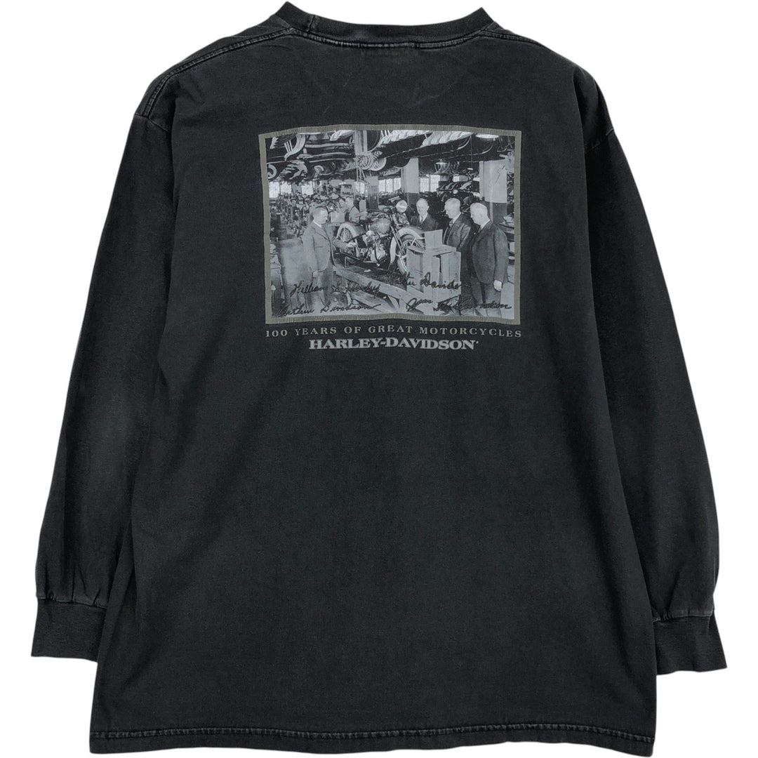 Harley-Davidson 100 Years of Great Motorcycles Long-Sleeve T-Shirt, Made in USA, Men's Size L (approx.) cotton black type Vintage Second Hand