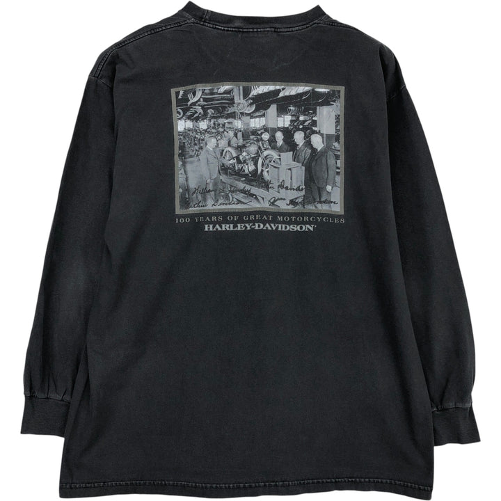 Harley-Davidson 100 Years of Great Motorcycles Long-Sleeve T-Shirt, Made in USA, Men's Size L (approx.) cotton black type Vintage Second Hand