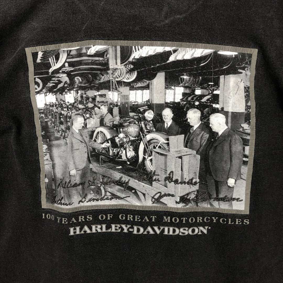 Harley-Davidson 100 Years of Great Motorcycles Long-Sleeve T-Shirt, Made in USA, Men's Size L (approx.) cotton black type Vintage Second Hand
