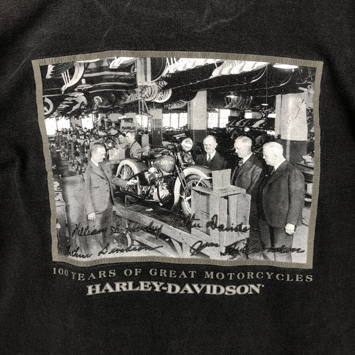 Harley-Davidson 100 Years of Great Motorcycles Long-Sleeve T-Shirt, Made in USA, Men's Size L (approx.) cotton black type Vintage Second Hand