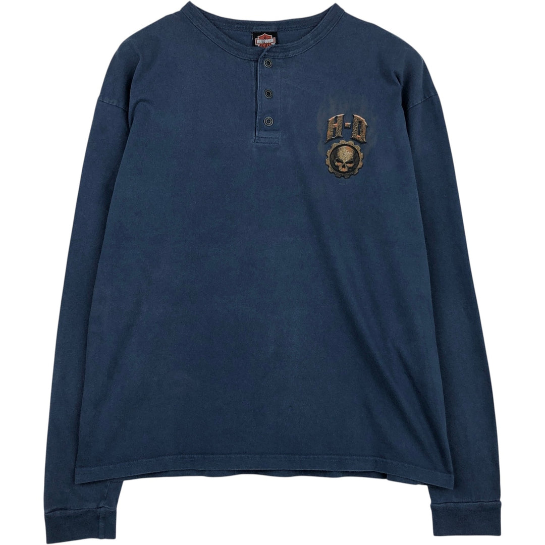 Harley-Davidson Skull Pattern Motorcycle Henley Neck Long-Sleeve T-Shirt (Men's XL equivalent) unclear blue type Vintage Second Hand