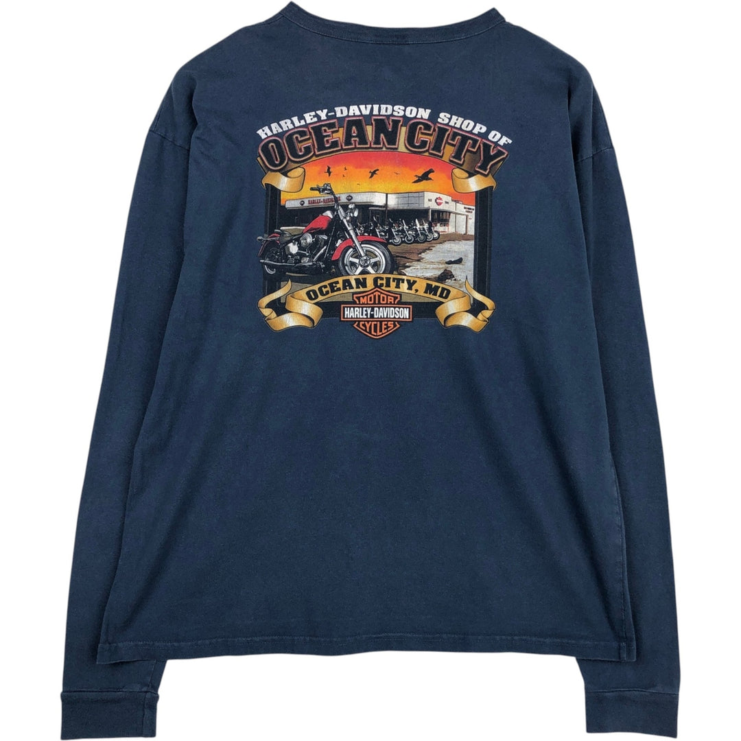 Harley-Davidson Skull Pattern Motorcycle Henley Neck Long-Sleeve T-Shirt (Men's XL equivalent) unclear blue type Vintage Second Hand