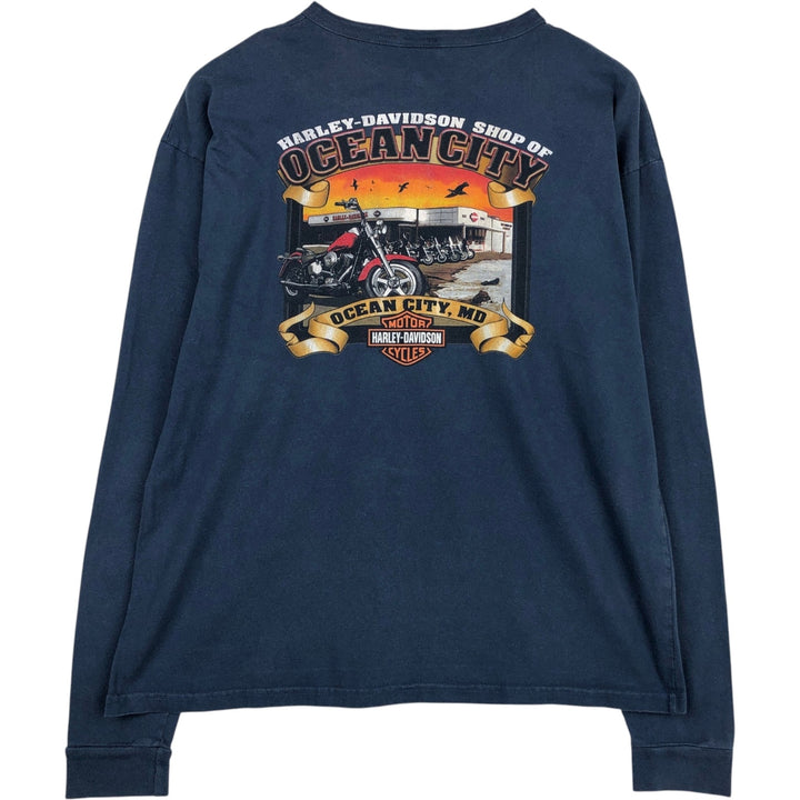 Harley-Davidson Skull Pattern Motorcycle Henley Neck Long-Sleeve T-Shirt (Men's XL equivalent) unclear blue type Vintage Second Hand