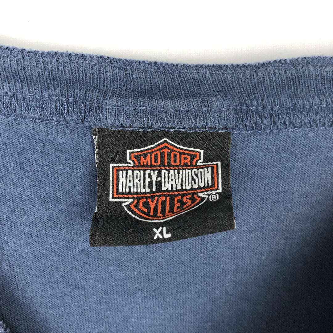 Harley-Davidson Skull Pattern Motorcycle Henley Neck Long-Sleeve T-Shirt (Men's XL equivalent) unclear blue type Vintage Second Hand