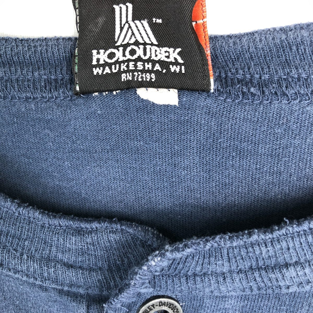 Harley-Davidson Skull Pattern Motorcycle Henley Neck Long-Sleeve T-Shirt (Men's XL equivalent) unclear blue type Vintage Second Hand