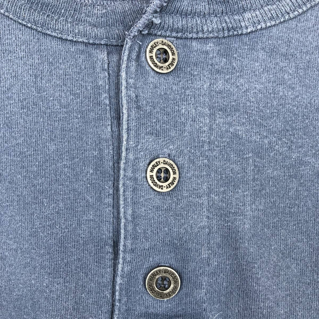 Harley-Davidson Skull Pattern Motorcycle Henley Neck Long-Sleeve T-Shirt (Men's XL equivalent) unclear blue type Vintage Second Hand