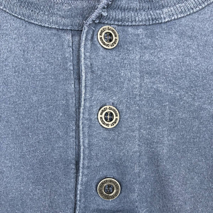 Harley-Davidson Skull Pattern Motorcycle Henley Neck Long-Sleeve T-Shirt (Men's XL equivalent) unclear blue type Vintage Second Hand