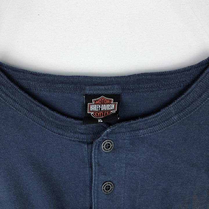 Harley-Davidson Skull Pattern Motorcycle Henley Neck Long-Sleeve T-Shirt (Men's XL equivalent) unclear blue type Vintage Second Hand