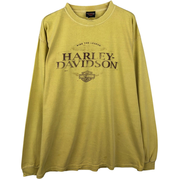 2000'S Harley-Davidson Fire Pattern Motorcycle Long-Sleeve T-Shirt (Men's Size L) cotton yellow type Vintage Second Hand
