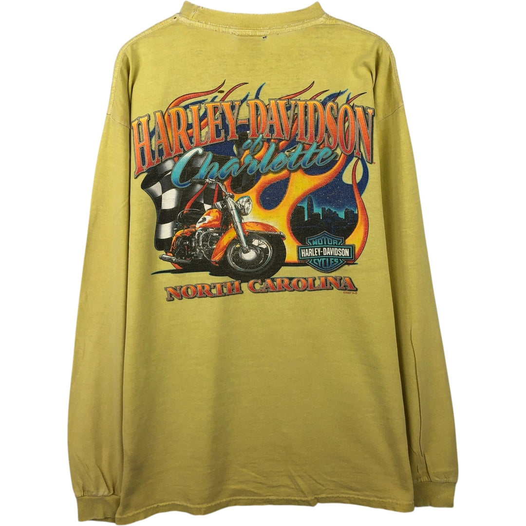 2000'S Harley-Davidson Fire Pattern Motorcycle Long-Sleeve T-Shirt (Men's Size L) cotton yellow type Vintage Second Hand