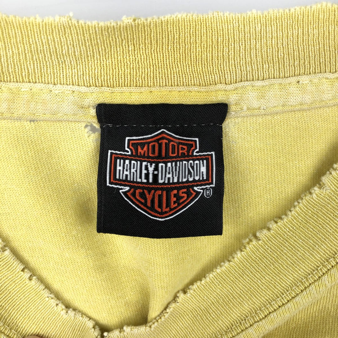2000'S Harley-Davidson Fire Pattern Motorcycle Long-Sleeve T-Shirt (Men's Size L) cotton yellow type Vintage Second Hand
