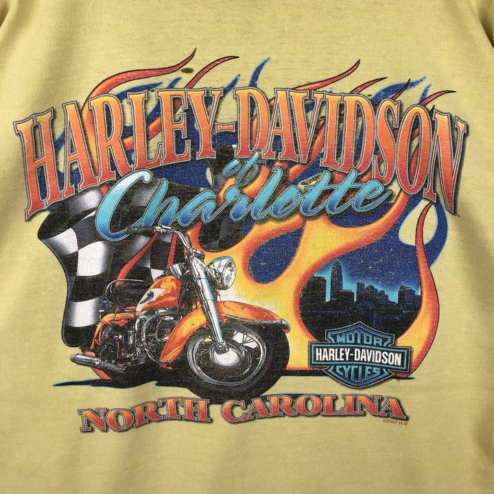 2000'S Harley-Davidson Fire Pattern Motorcycle Long-Sleeve T-Shirt (Men's Size L) cotton yellow type Vintage Second Hand