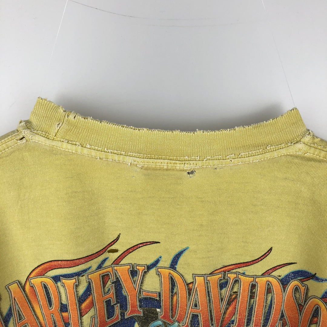 2000'S Harley-Davidson Fire Pattern Motorcycle Long-Sleeve T-Shirt (Men's Size L) cotton yellow type Vintage Second Hand