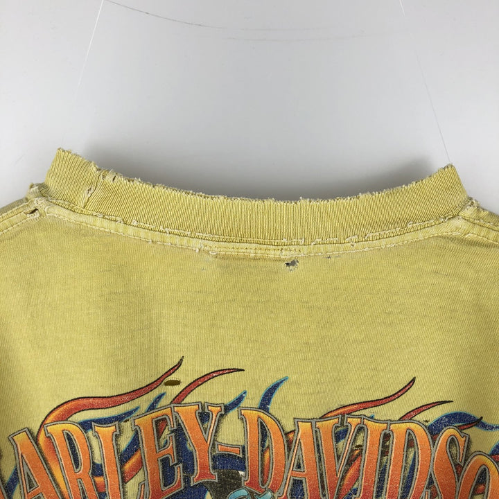 2000'S Harley-Davidson Fire Pattern Motorcycle Long-Sleeve T-Shirt (Men's Size L) cotton yellow type Vintage Second Hand