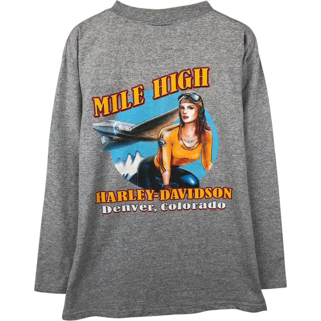 2000'S Harley-Davidson Pin-up Girl Henley Neck Motorcycle Long-Sleeve T-Shirt, Made in USA, Men's Size M (approx.) cotton gray type Vintage Second Hand