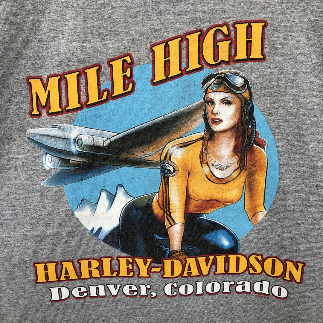 2000'S Harley-Davidson Pin-up Girl Henley Neck Motorcycle Long-Sleeve T-Shirt, Made in USA, Men's Size M (approx.) cotton gray type Vintage Second Hand