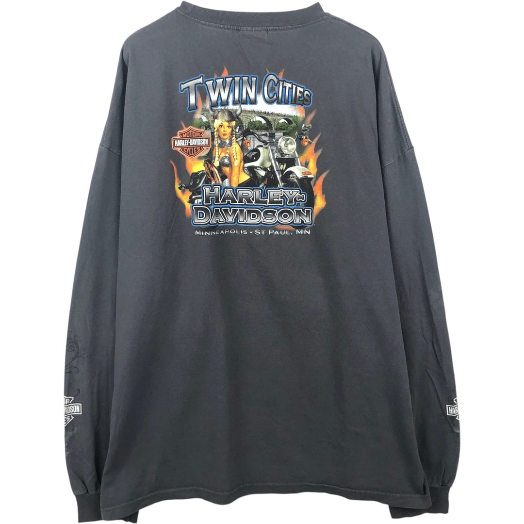 Big Size Harley-Davidson Skull Pattern Pin-up Girl Long-Sleeve T-Shirt (Men's XXXL equivalent) cotton black type Vintage Second Hand