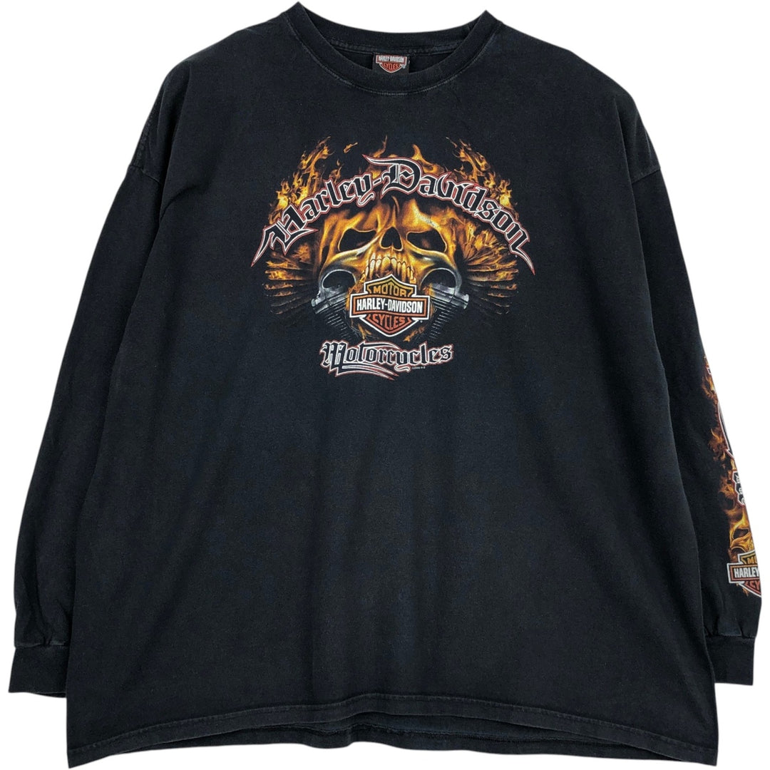 Big Size 2000'S Harley-Davidson Skull Pattern Fire Pattern Long-Sleeve T-Shirt (Men's XXXL equivalent) cotton black type Vintage Second Hand
