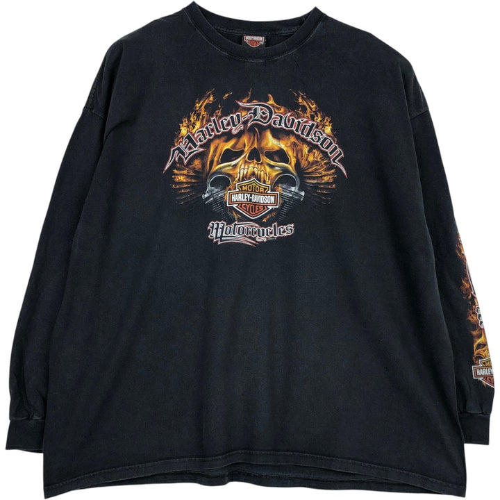 Big Size 2000'S Harley-Davidson Skull Pattern Fire Pattern Long-Sleeve T-Shirt (Men's XXXL equivalent) cotton black type Vintage Second Hand