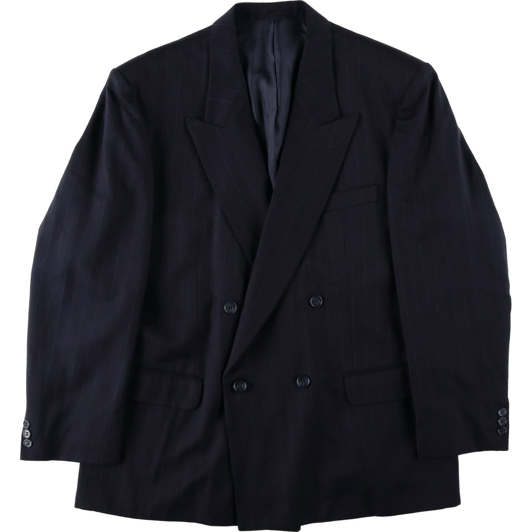 St Michael Stripe Pattern Peaked Lapel Double-Breasted Wool Tailored Jacket (Men's Size L) wool navy blue type Vintage Second Hand