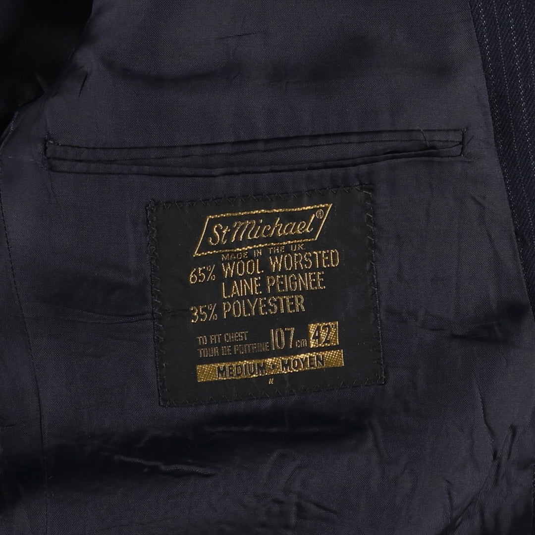 St Michael Stripe Pattern Wool Tailored Jacket, Made in England, Men's Size L (approx.) wool navy blue type Vintage Second Hand