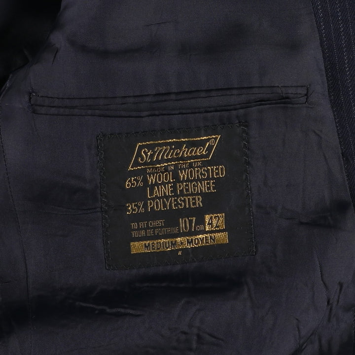 St Michael Stripe Pattern Wool Tailored Jacket, Made in England, Men's Size L (approx.) wool navy blue type Vintage Second Hand