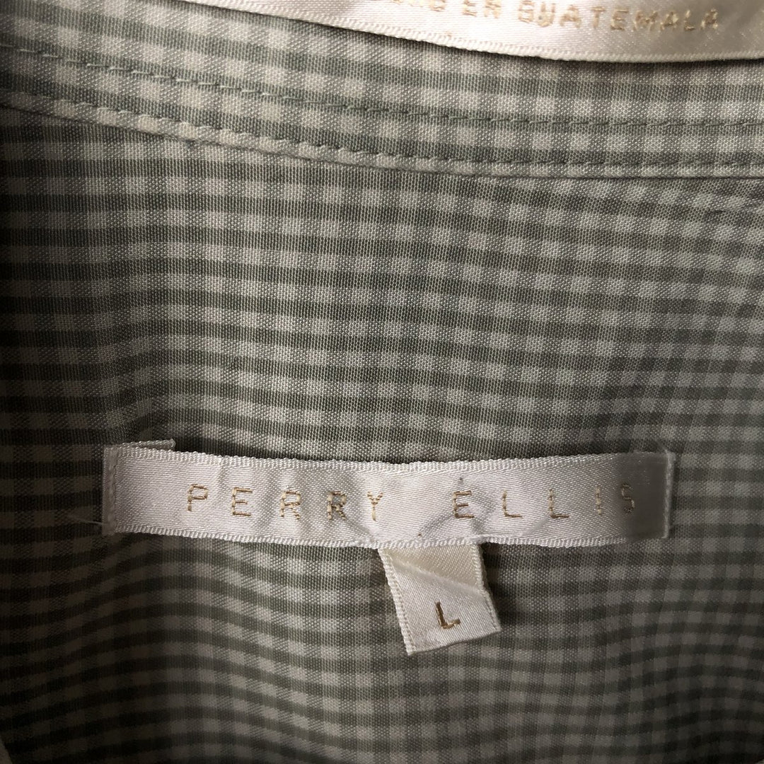 Perry Ellis Gingham Check Short-Sleeve Poly/Rayon Box Shirt, Men's Size L (approx.) Rayon white type Vintage Second Hand