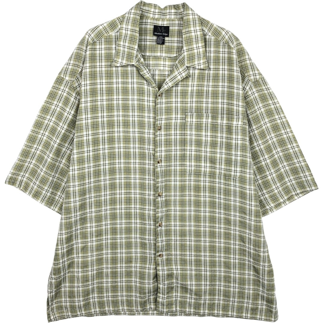 Modern Edge Check Pattern Short-Sleeve Open Collar Polyester Shirt, Boxy Fit, Men's Size L (approx.) polyester Khaki type sage green Vintage Second Hand