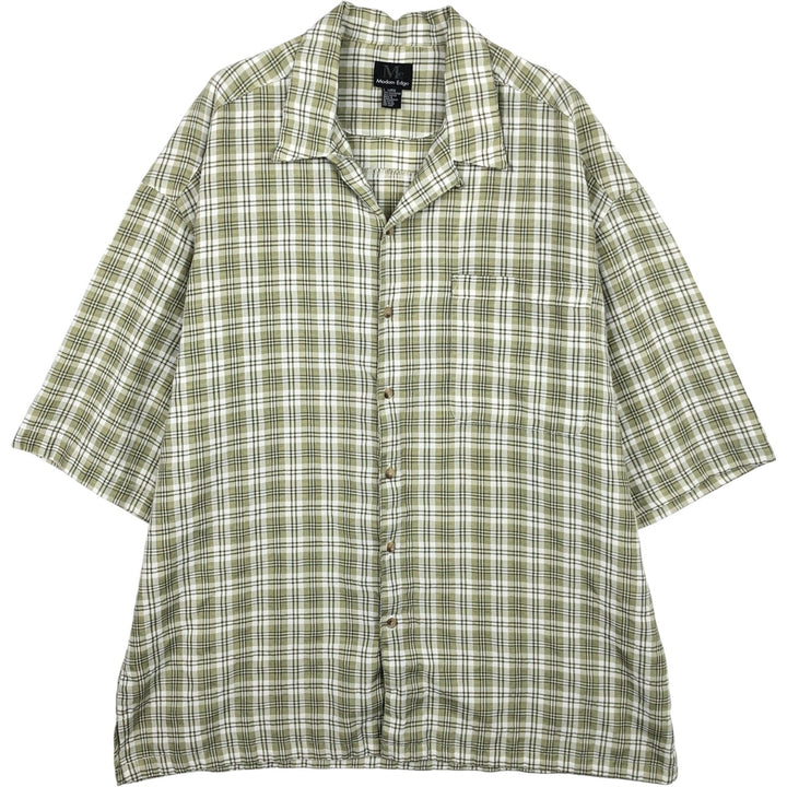 Modern Edge Check Pattern Short-Sleeve Open Collar Polyester Shirt, Boxy Fit, Men's Size L (approx.) polyester Khaki type sage green Vintage Second Hand