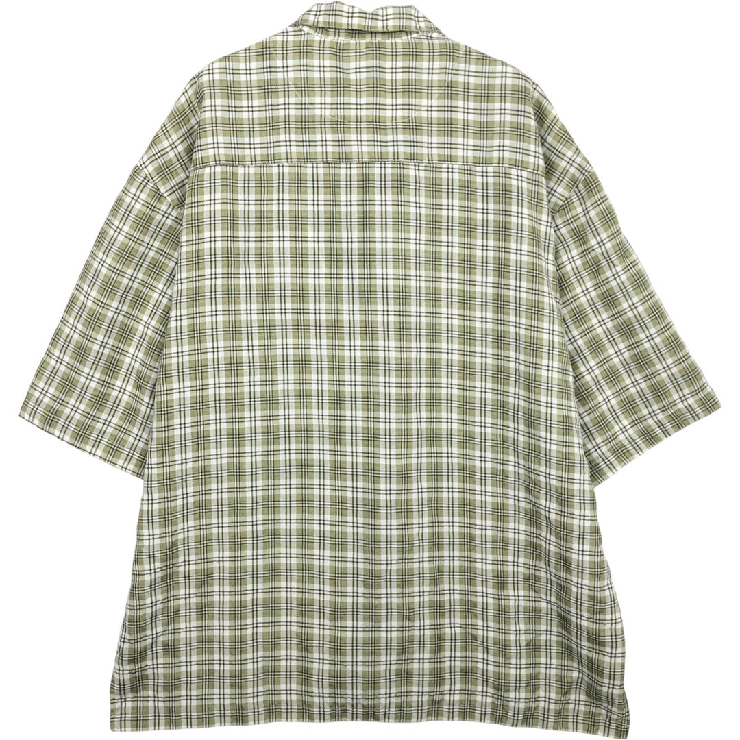 Modern Edge Check Pattern Short-Sleeve Open Collar Polyester Shirt, Boxy Fit, Men's Size L (approx.) polyester Khaki type sage green Vintage Second Hand