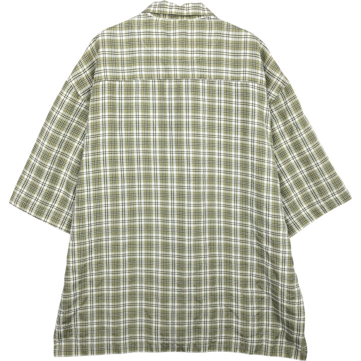 Modern Edge Check Pattern Short-Sleeve Open Collar Polyester Shirt, Boxy Fit, Men's Size L (approx.) polyester Khaki type sage green Vintage Second Hand