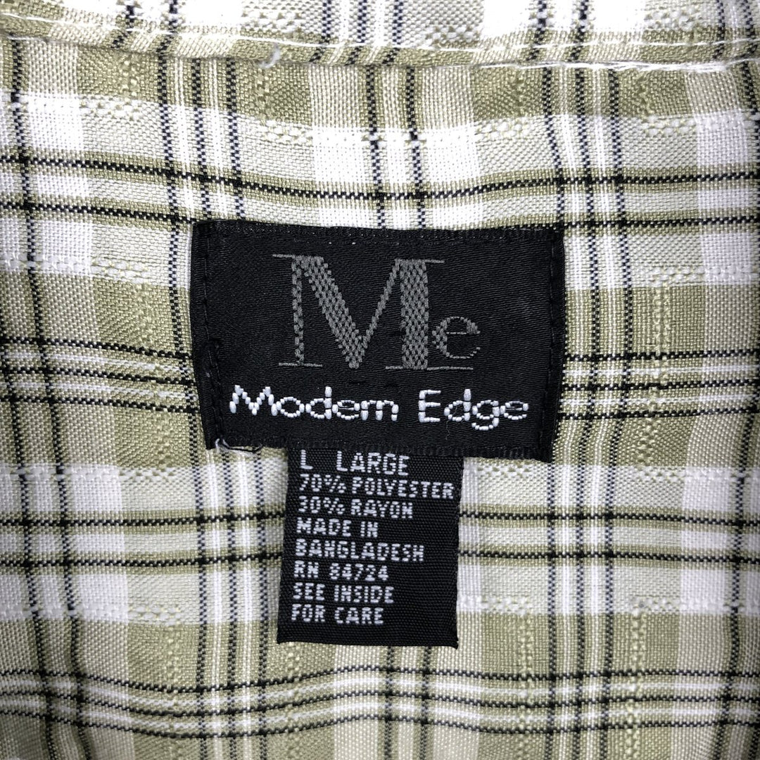 Modern Edge Check Pattern Short-Sleeve Open Collar Polyester Shirt, Boxy Fit, Men's Size L (approx.) polyester Khaki type sage green Vintage Second Hand