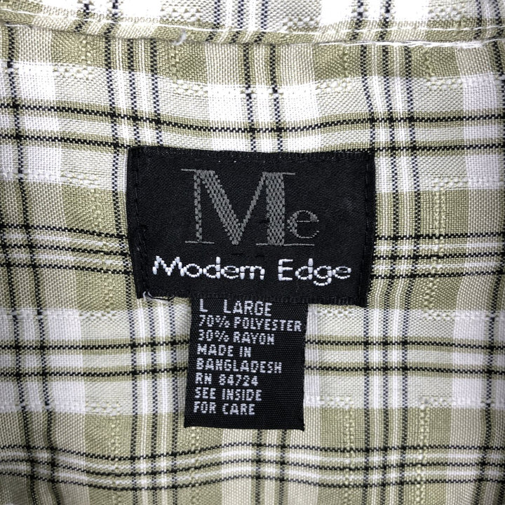 Modern Edge Check Pattern Short-Sleeve Open Collar Polyester Shirt, Boxy Fit, Men's Size L (approx.) polyester Khaki type sage green Vintage Second Hand