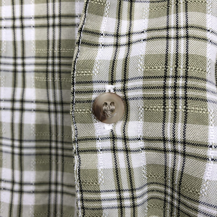 Modern Edge Check Pattern Short-Sleeve Open Collar Polyester Shirt, Boxy Fit, Men's Size L (approx.) polyester Khaki type sage green Vintage Second Hand