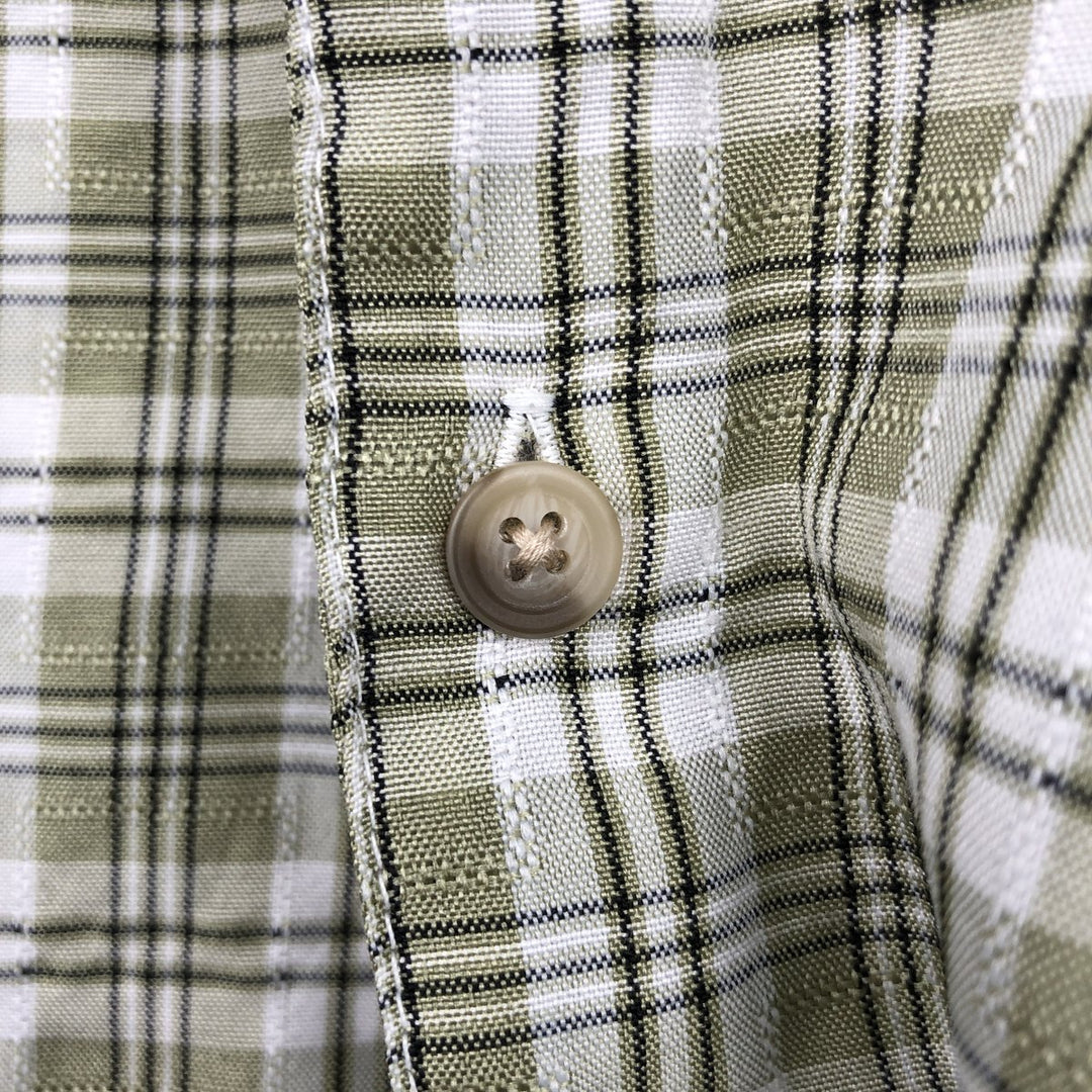 Modern Edge Check Pattern Short-Sleeve Open Collar Polyester Shirt, Boxy Fit, Men's Size L (approx.) polyester Khaki type sage green Vintage Second Hand