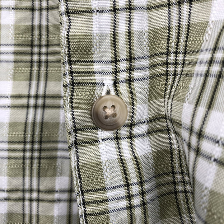 Modern Edge Check Pattern Short-Sleeve Open Collar Polyester Shirt, Boxy Fit, Men's Size L (approx.) polyester Khaki type sage green Vintage Second Hand