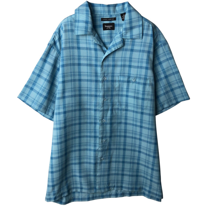 HAGGAR LUXURY MICROFIBER Check Pattern Short-Sleeve Open Collar Poly Shirt Box Shirt Men's Size L polyester Blue type light blue Vintage Second Hand
