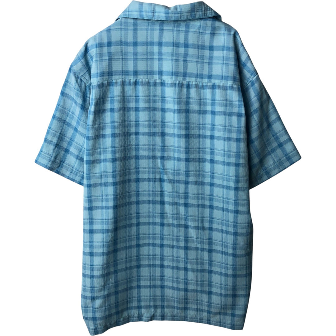 HAGGAR LUXURY MICROFIBER Check Pattern Short-Sleeve Open Collar Poly Shirt Box Shirt Men's Size L polyester Blue type light blue Vintage Second Hand