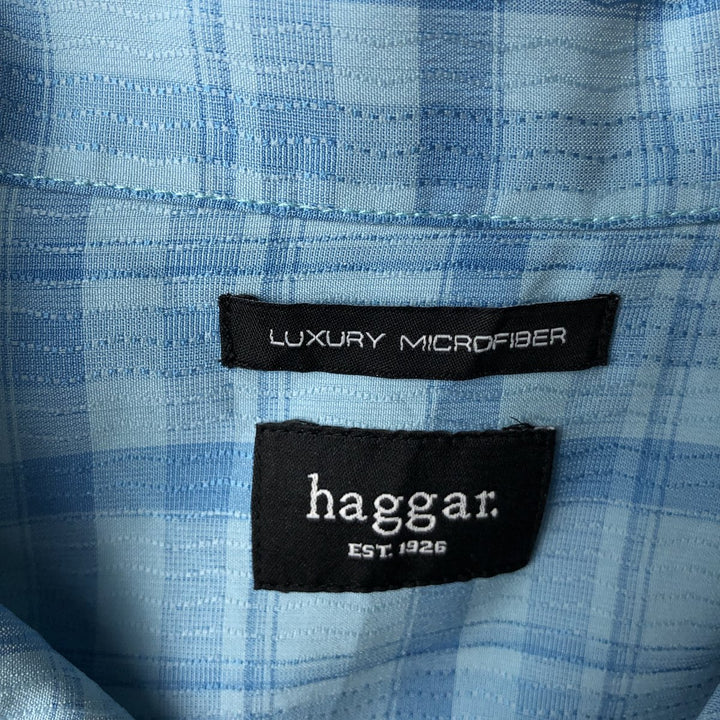 HAGGAR LUXURY MICROFIBER Check Pattern Short-Sleeve Open Collar Poly Shirt Box Shirt Men's Size L polyester Blue type light blue Vintage Second Hand