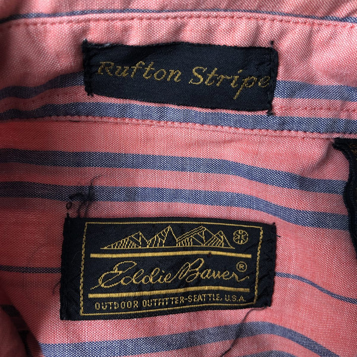 80s-90'S Eddie Bauer Black Tag Short-Sleeve Button-Down Striped Shirt, Men's Size L (Equivalent), Vintage cotton coral Vintage Second Hand