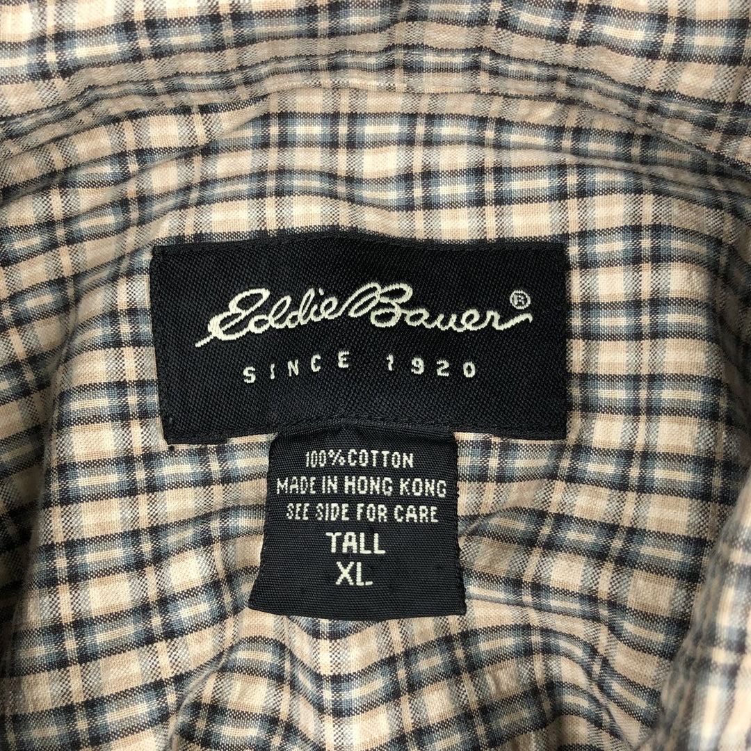 Eddie Bauer seersucker short-sleeved button-down check shirt, men's size XL. cotton Beige type Vintage Second Hand