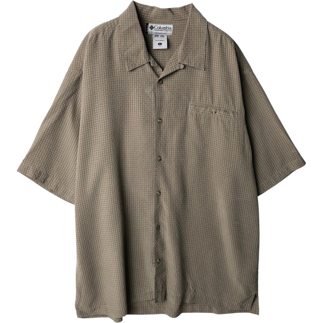 Columbia GRT Check Pattern Short-Sleeve Open-Collar Box Shirt (Men's Size L) Modal Khaki type Vintage Second Hand