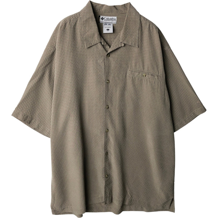 Columbia GRT Check Pattern Short-Sleeve Open-Collar Box Shirt (Men's Size L) Modal Khaki type Vintage Second Hand