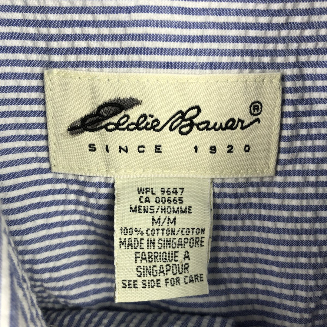 1990'S Eddie Bauer Seersucker Short-Sleeve Button-Down Striped Shirt, Men's Size M (approx.), Vintage cotton blue type Vintage Second Hand