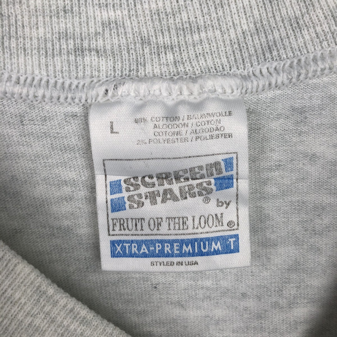 90'S Fruit of the Loom Screen Stars satirical art T-shirt, made in Ireland, men's size L equivalent, vintage. cotton gray type Vintage Second Hand